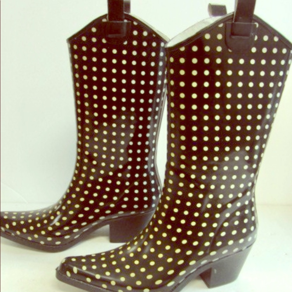 Cowboy boot styled black /white dotted rain boots